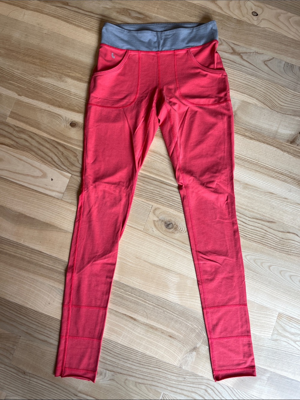 Lole Red Leggings with Gray Waistband and Front Pockets